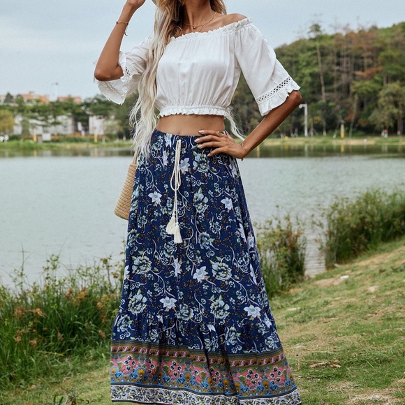 Boho Yellow Floral Tassel Ruffle Maxi Skirt Gypsy - Picture 4 of 15